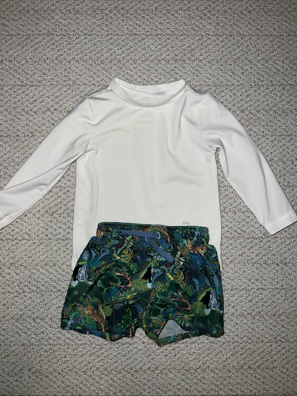 Kids White Long-Sleeve Rash Guard with Green Jungle H&M Swim Shorts
